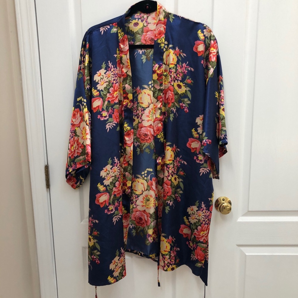 Navy Blue Floral Kimono Silky Soft Robe Bathrobe